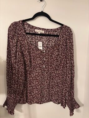 LOFT Plum Floral Button-Front Blouse